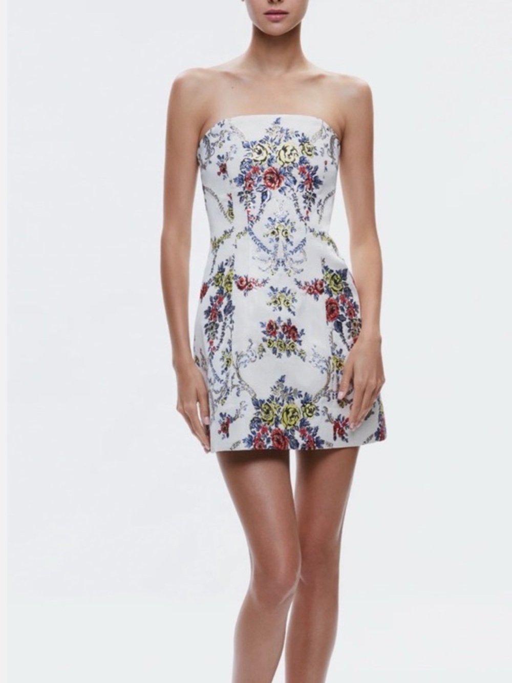 Alice + Olivia White Strapless Floral Jacquard Mini Dress